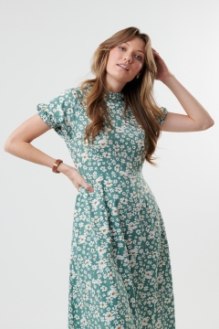 womens green and white floral raglan sleeve ruffle neck modest dress